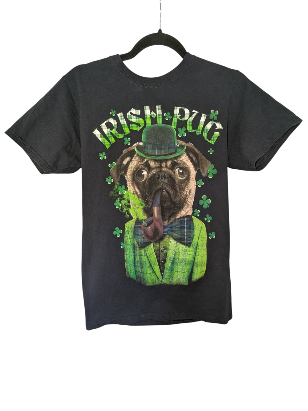 Lucky Brand Black Tee with Green Irish Pug Graphic